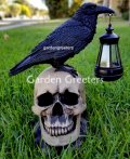 picture of SOLAR LARGE BLACK CROW RAVEN ON SKULL STATUE FIGURINE WITH SOLAR