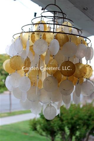 picture of WHITE/YELLOW CAPIZ SHELL WIND CHIME/CHANDELIER- ROUND - Click Image to Close