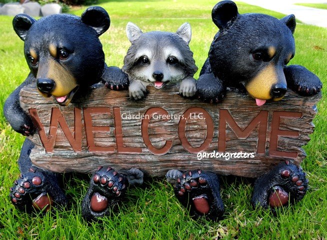 picture of BEAR CUB RACCOON STATUE WELCOME BEAR RACCOON - Click Image to Close