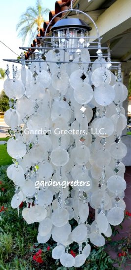 picture of SOLAR CAPIZ SHELL WINDCHIMES/CHANDELIER white CAPIZ CHIME - Click Image to Close