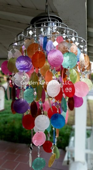 picture of SOLAR CAPIZ SHELL WINDCHIMES/CHANDELIER MIXED COLORS CAPIZ - Click Image to Close