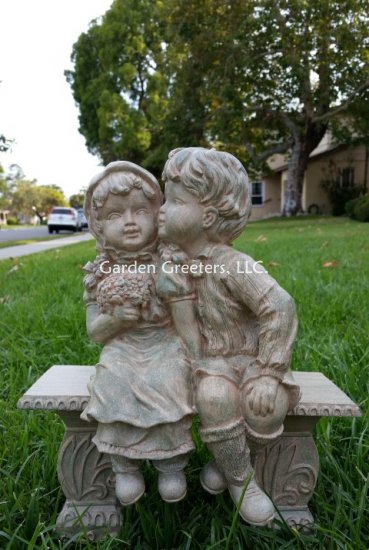 picture of BOY AND GIRL ON BENCH STATUE - GREY/GREEN - Click Image to Close