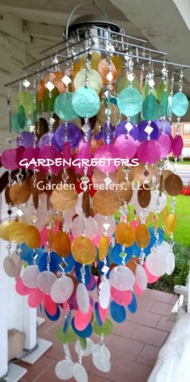 picture of SOLAR CAPIZ SHELL WINDCHIMES/CHANDELIER MIXED COLOR CAPIZ CHIME - Click Image to Close