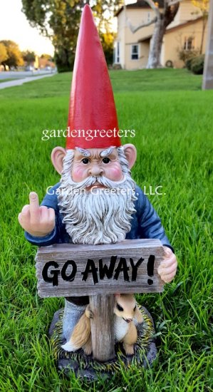 picture of GARDEN STATUE GNOME, GNOME WITH MIDDLE FINGER , GNOME FIGURINE - Click Image to Close